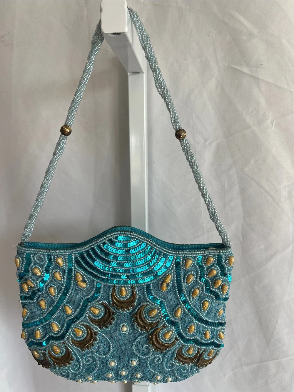 Embellished Vintage Turquoise Sequin Shoulder Bag Peacock Design Beaded Strap